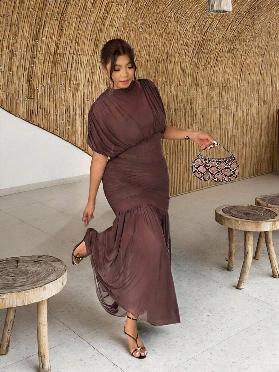 Firerie Đầm thời trang thanh lịch, tinh tế, lãng mạn và quyến rũ dành cho nữ cỡ lớn, thích hợp cho Ngày Valentine, đám cưới, các dịp lễ hội, với lớp vải voan mỏng phủ ngoài, màu nâu. - màu nâu - Xem 1