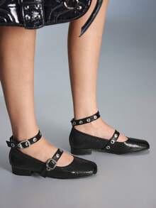 CUCCOO GRLICON 女士铆钉设计休闲乐福鞋，圣诞节必备 - 黑色蛇紋 - 查看 5