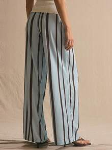 MUSERA Button Detail Stripe Print Drawstring Loose Fit Trousers Spring Summer Cosy Cute Daily Girly Vacation Sunlight Social - Blue - View 4