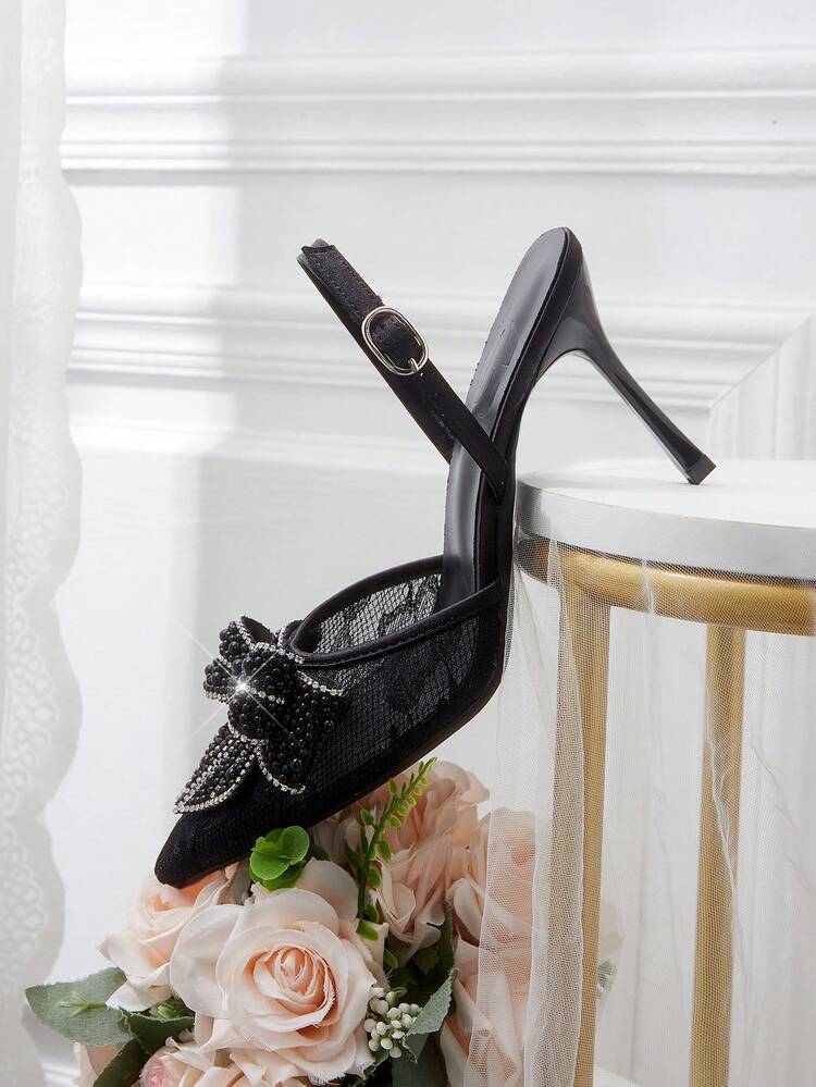 CUCCOO HITCHD Women Stylish Elegant Commuter Mesh Rhinestones Pearl Bows Decorative Pointed Pumps
