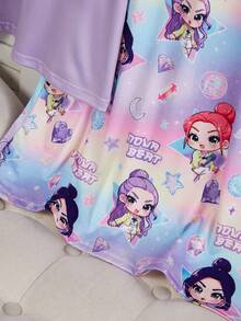 Girls Cute Sheep Pattern Comfortable 2 Pieces Round Neck Short Sleeve Long Nightgown Loungewear Character Shirts Girls - Purple - View 6