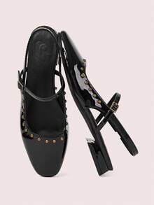 CUCCOO DOLLMOD 女士时尚黑色漆皮玛丽珍低跟方头平底鞋，适合圣诞节穿着 - 黑色 - 查看 1