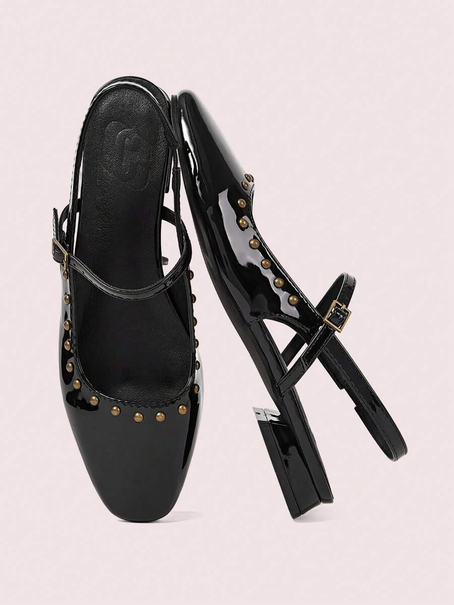 CUCCOO DOLLMOD 女士时尚黑色漆皮玛丽珍低跟方头平底鞋，适合圣诞节穿着 - 黑色 - 查看 1