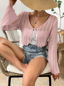 Breezaya Áo khoác cardigan dệt kim màu trơn, khoét lỗ, buộc dây phía trước, tay loe, phong cách thường ngày cho kỳ nghỉ. - Màu Hồng baby - Xem 5