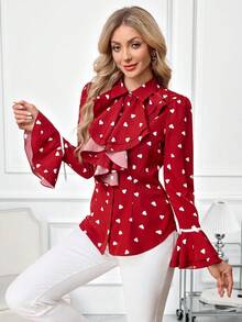 SHEIN Clasi Áo kiểu nữ tay bồng in hình trái tim, thích hợp cho ngày Valentine, màu đỏ mùa hè. - Nhiều màu - Xem 6