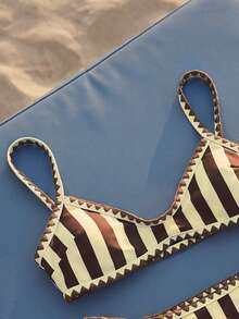 Swim Mod 2pcs/Set Women's Fashionable Cute Vacation Sexy Beach/Pool Party Striped Print Ruffled Adjustable Thick Strap Crop Top And Double Waist Tie Bikini Swimwear Set - Multicolor - View 5