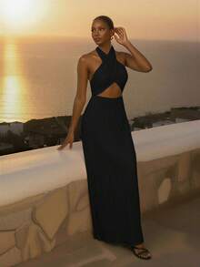 CAJUNI Women's Vacation Solid Color Criss-Cross Hollow Out Sexy Halter Dress,Summer Dresses For Women - Black - View 4