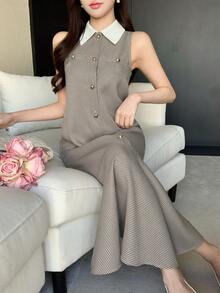 DAZY Women's Elegant Commuter Houndstooth Sleeveless Mid-Length Dress, Summer - Khaki - View 10