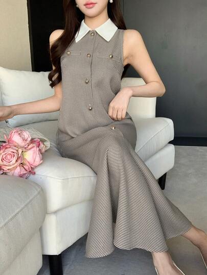 DAZY 女士优雅通勤千鸟格无袖中长连衣裙，夏季