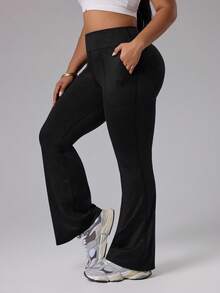 Rhythm Era Plus Size Women Solid High Waist Pockets Flared Sports Leggings - Black - View 8