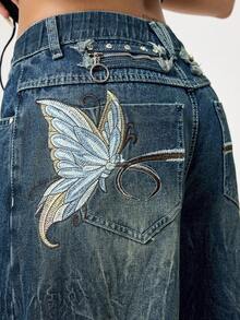 ROMWE Fairycore Plus Size Women Vintage Washed Butterfly Embroidered Denim Jeans - Blue - View 2