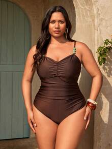 Swim Oasis Plus Size Brown Casual Vacation Ruched One-Piece Swimsuit With Green Beaded Accents And Sarong Skirt - Brown - View 3