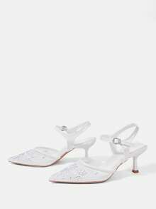 CUCCOO HITCHD Women's Spring/Summer New Pointed Toe White Mesh Rhinestone Ankle Strap Stiletto Heel Fashionable Versatile Sexy High Heel Sandals - White - View 3