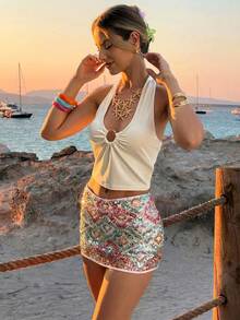 Selianne Women's U-Neck Hollow-Out Ruched Metallic Geometric Sequin 2 Pieces Set, Suitable For Party, Vacation, Beach In Spring/Summer - Multicolor - View 5