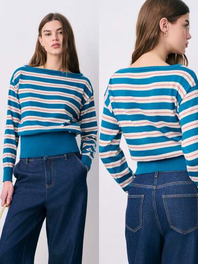 Nöista Striped Knit Sweater, Loose Style With Fitted Panel On Waist, Contrast Color On Waist And Cuffs. Spring, Summer Outfit For Women, Casual Sweater.