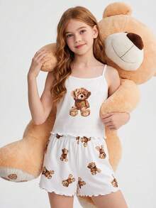 SHEIN Tween Girl Bear Pattern Knit Camisole And Shorts 2 Pieces Pajama Set - White - View 3