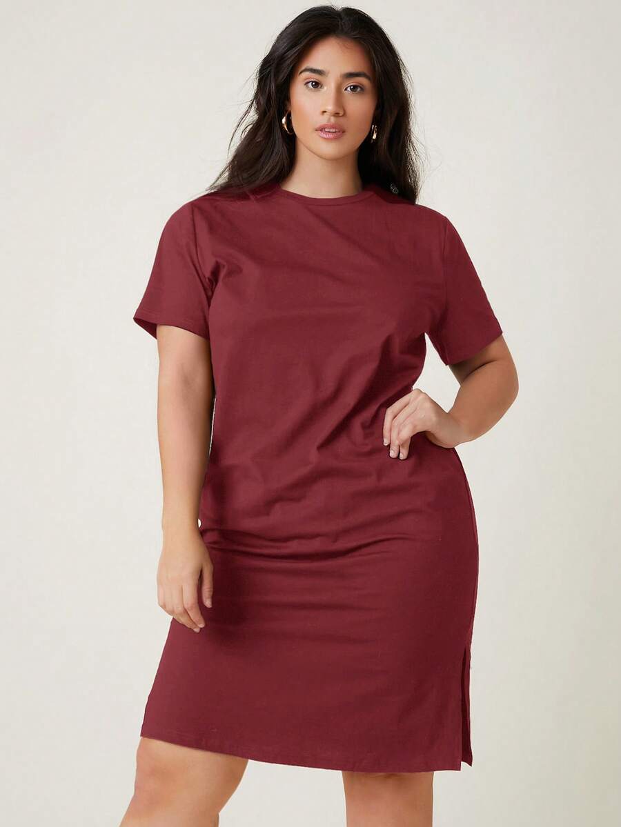 EMERY ROSE Váy thun xẻ tà màu trơn cỡ lớn - Màu Đỏ Sâu - Xem 1