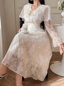 DAZY 女士优雅蕾丝拼接V领蝴蝶结中长连衣裙，春夏款 - 米色 - 查看 6