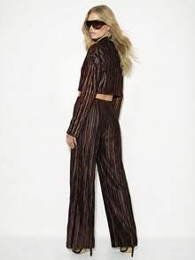 Femmeiva Women's Solid Color Elastic Waist Pleated Wide Leg Loose Casual Pants - Coffee Brown - View 2