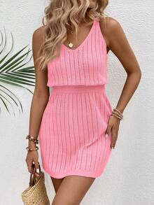 EMERY ROSE Fashionable Versatile Hollow Crochet V-Neck Women Sweater Dress - Pink - View 7