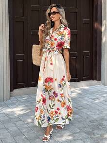 Selianne 女士优雅时尚通勤休闲舒适迷人复古简约高端浪漫假日衬衫领袖口翻折短袖腰部系带蝴蝶结腰带系腰A字下摆印花连衣裙（随机印花） - 杏色 - 查看 5