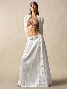 Bohemela Fustă albă extra lungă pentru femei, vară, vacanță, eleganță romantică, plajă franceză, stil boem, country, festival de muzică, brodat, dantelă, patchwork, țesut jacquard, vară pentru femei, stil liber și relaxat, plajă, vacanțe de vară, petrecere - alb - Vizualizare 8