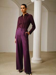 ZEYLAH Women's 100% Ramie Solid Color Pleated Button Casual Versatile Wide Leg Pants For Daily Wear, Spring Summer, Linen - Purple - View 6