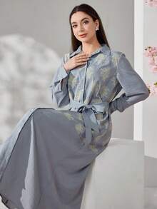 Veilorie 女士刺绣长袖单排扣阿拉伯风格连衣裙 - 灰色 - 查看 9