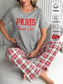 SHEIN 巴黎梦幻俱乐部睡衣套装 – 浅灰色T恤和格子休闲裤 - 紅色 - 查看 2