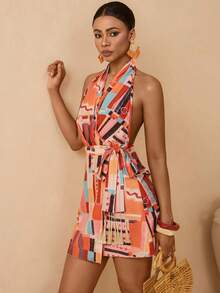 Vesra Women's Halter Backless Allover Print Tie-Waist Elegant Bodycon Mini Dress For Dates & Parties - Multicolor - View 4