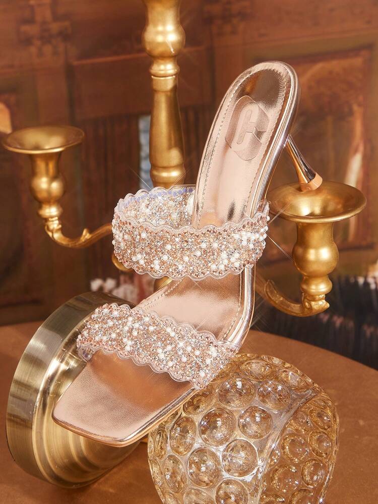 CUCCOO TILAWA Women Shoes Square Toe Slender Heel Champagne Transparent Film Rhinestones Sexy Fashion Elegant Gorgeous Women's High Heel Sandals Slippers With Skirts Daily Versatile Banquet Party Women's Sandals
