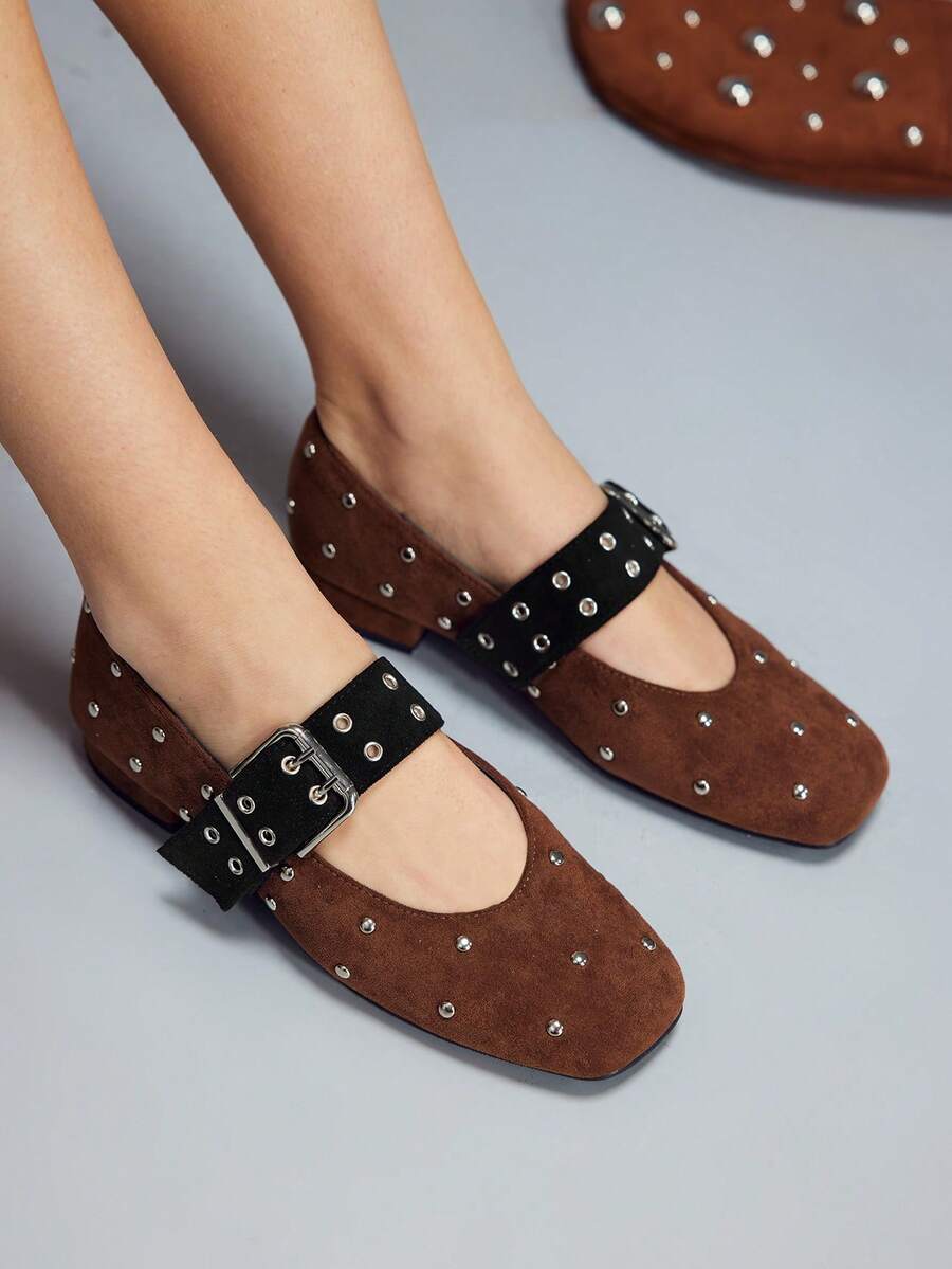 CUCCOO GRLICON Fashionable Studded Square Toe Mary Jane Shoes - Brown - View 1