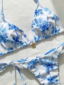 Swim Vcay Bộ bikini nữ gồm dây chuyền in họa tiết ngẫu nhiên, trang sức kim loại, thích hợp cho mùa xuân/hè. - Nhiều màu - Xem 5