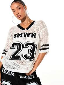 SUMWON WOMEN Oversized Mesh Knit V-Neck Top With Varsity Number Print And Striped Trim Details For Casual Sports Style Layering, World Cup 2026 Sporty Chic Game Day Football Blokecore Streetwear Jersey - Black and White - View 4