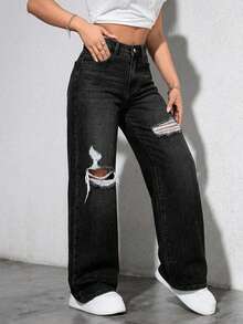 EURMUSE Washed Denim Blue High Waist Ripped Wide Leg Jeans - Black - View 4