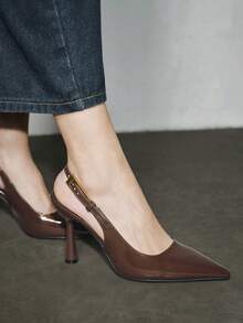 Bholvia Women's Pointed Toe Kitten Heel, Elegant, Patent Leather, Brown Slingback, Office Spring Shoes Summer Shoes - Chocolate Brown - View 7