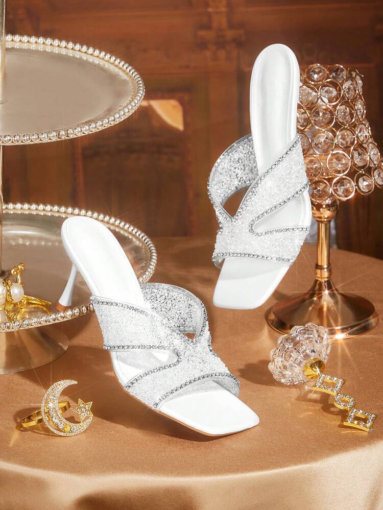 CUCCOO TILAWA Women Shoes Square Toe Slender Heel White Transparent Film Rhinestones Sexy Fashion Elegant Gorgeous Women's High Heel Sandals Slippers With Skirts Daily Versatile Banquet Party Women's Sandals