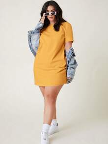 EMERY ROSE Vestido camiseta de manga corta de talla grande de un solo color - Amarillo - Ver 4