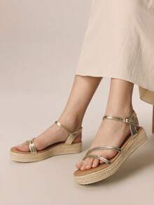 Styleloop 女士时尚纯色编织休闲坡跟凉鞋，波西米亚度假风复古帆布坡跟踝带凉鞋，西部风格，音乐节派对服装，春夏鞋履，春假复活节 - 金色1 - 查看 5