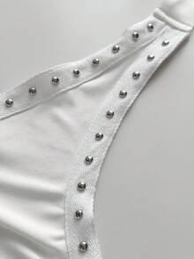 Maweii Sexy Casual Daily Date Beach Vacation Elastic Knit Rivet Decor Draped Neck Solid White Plus Size Tank Top - White - View 6