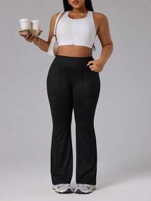 Rhythm Era Plus Size Women Solid High Waist Pockets Flared Sports Leggings - Black - View 5