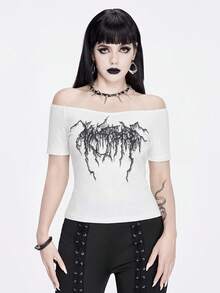 ROMWE Goth Camiseta de hombros descubiertos con estampado gráfico - Blanco - Ver 1