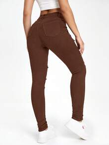 SHEIN EZwear Jeans pitillo negros con bolsillos sesgados y rotos - Marrón - View 2