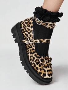ROMWE Grunge Punk 女士时尚甜美蝴蝶结装饰系带平底鞋 情人节 - 豹紋皮面綁帶 - 查看 4
