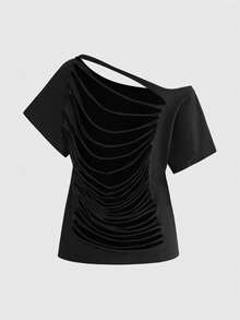 ROMWE Grunge Punk Y2K Punk Slogan Print Hollow Back Loose T-Shirt, Solid Color Versatile Women's T-Shirt - Black - View 3