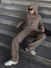 EURMUSE Của phụ nữ Màu thuần Hoodie Và Quần Bộ - Màu be - Xem 4