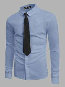 SWAVVY Loose Fit Men's Solid Color Button-Up Shirt With Tie Blue Men Dress Shirt Elegant Man Shirt - Blue - View 3