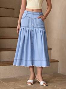 Selenza Women's Casual Denim Skirt With Pockets, Button Design And Ruffle Hem - Blue - View 4