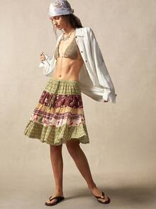 Bohemela 女士夏季休闲度假浪漫优雅法式海滩波西米亚乡村音乐节图案拼接细节流苏低腰A字中长塔裙，自由休闲的穿搭风格，适合海滩装、夏季度假装、婚礼宾客装、毕业季装。 - 彩色 - 查看 9