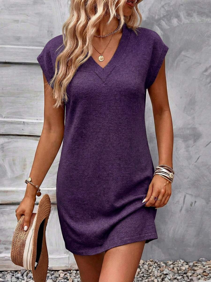 EMERY ROSE Women's Solid V-Neck Casual Daily Date Outing Short Dress - Purple - View 1